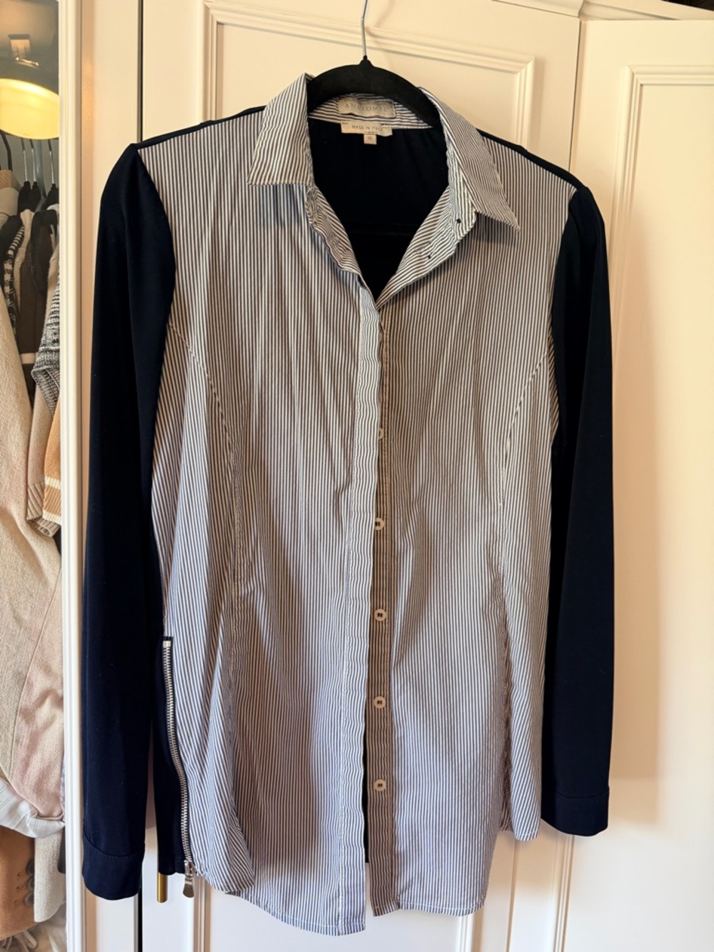 Anatomie Navy-Sleeve Pinstripe Button Front Top